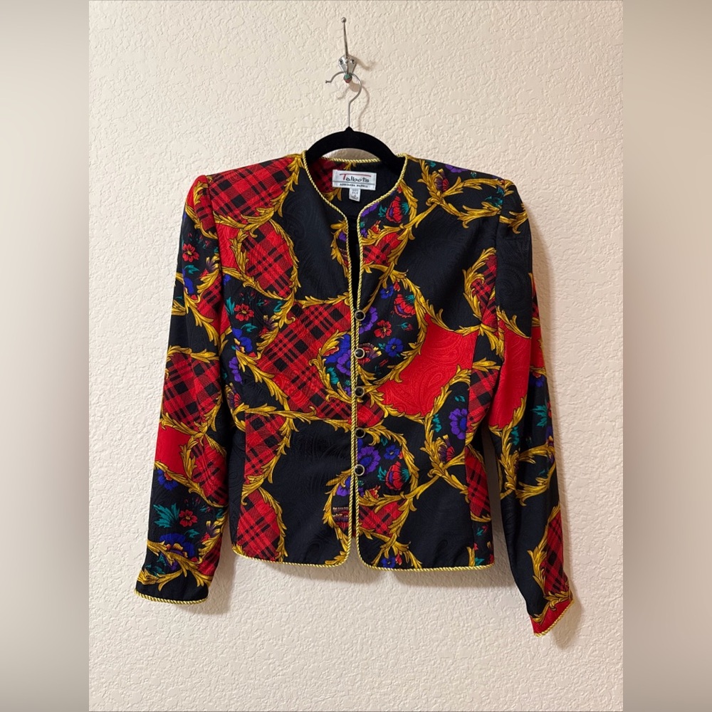 VTG Adrianna Papell x Talbots Blazer Tartan Plaid Silk Sz 4 Black Red Jacquard